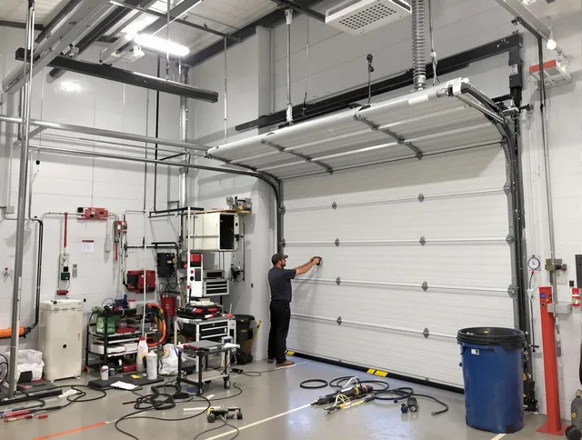 La Verne Garage Door Repair certified technician performing commercial door repair at a La Verne business facility