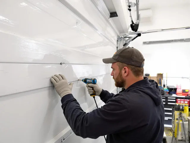 La Verne Garage Door Repair technician demonstrating precision dent removal techniques on a La Verne garage door