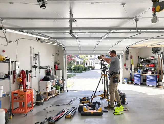 La Verne Garage Door Repair specialist performing laser-guided track alignment in La Verne